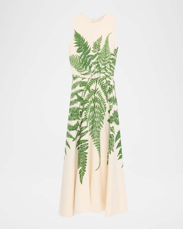 Fern-Print Double-Face Wool Sleeveless Midi Day Dress With Belt
